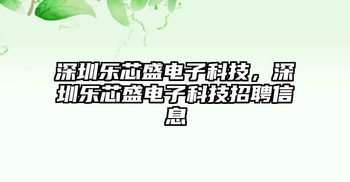 深圳樂芯盛電子科技，深圳樂芯盛電子科技招聘信息